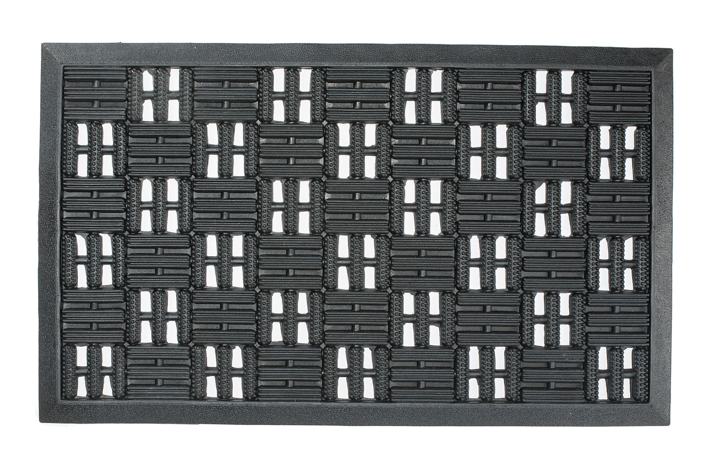 Black doormat with a woven pattern on a white background