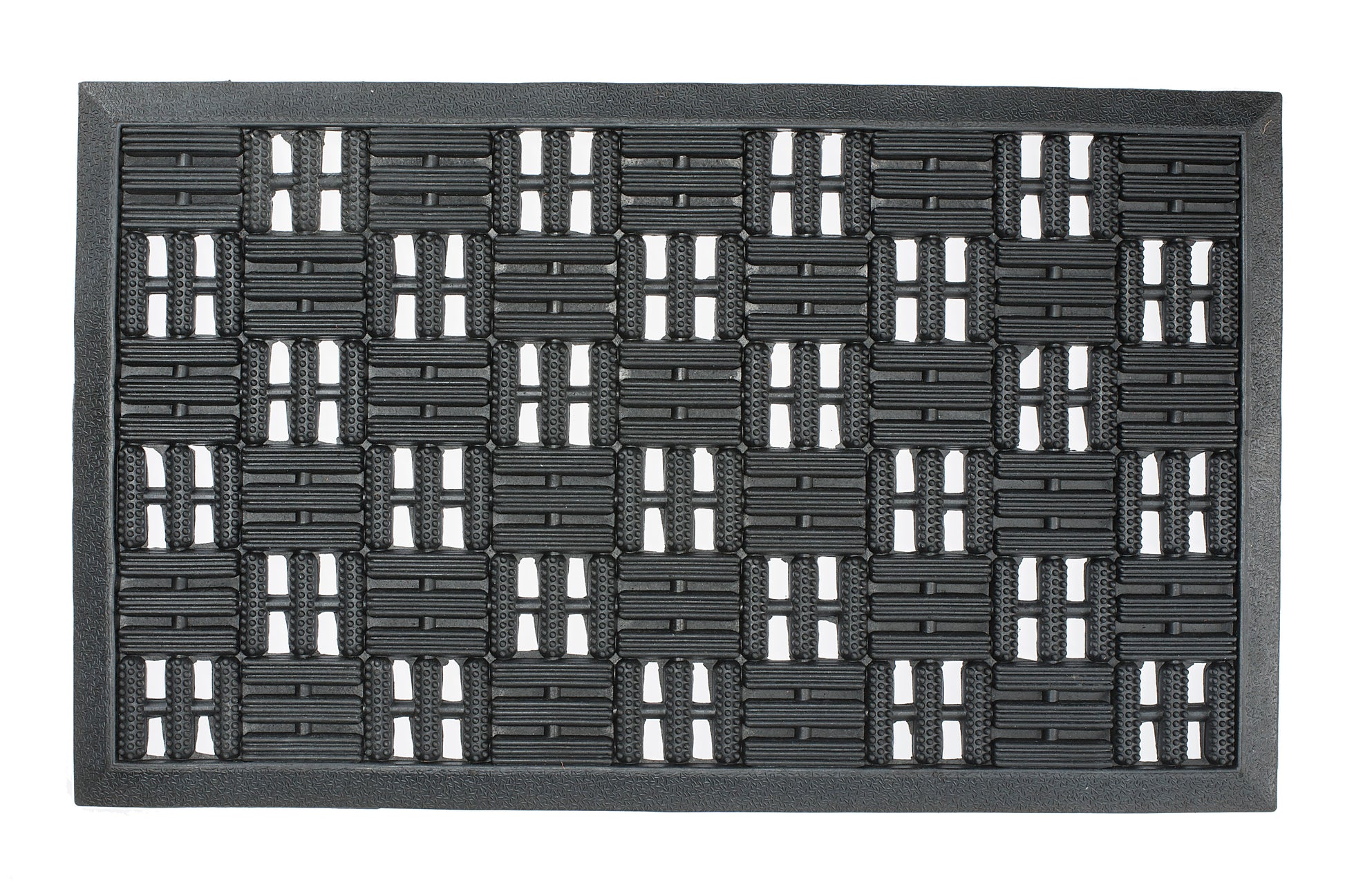 Black doormat with a woven pattern on a white background