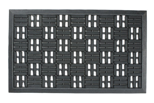 Black doormat with a woven pattern on a white background