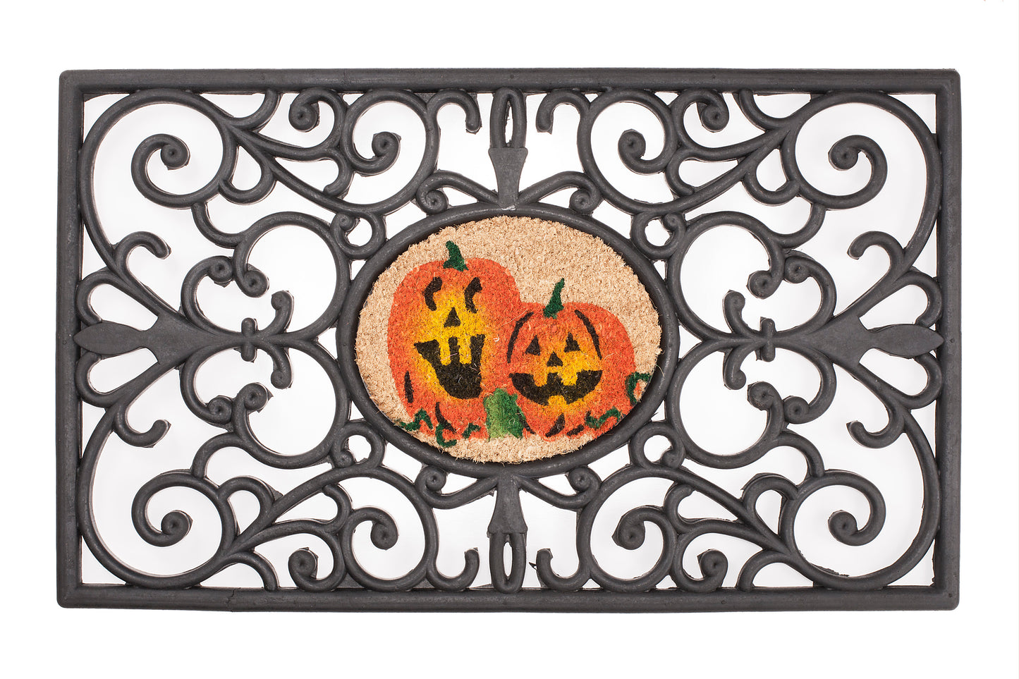 Decorative doormat with Halloween design featuring jack-o'-lanterns on a white background