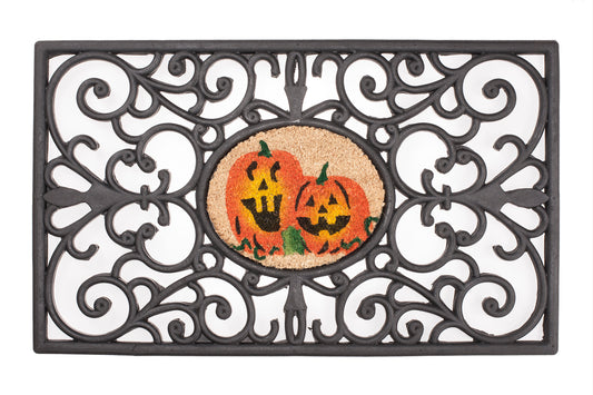 Decorative doormat with Halloween design featuring jack-o'-lanterns on a white background