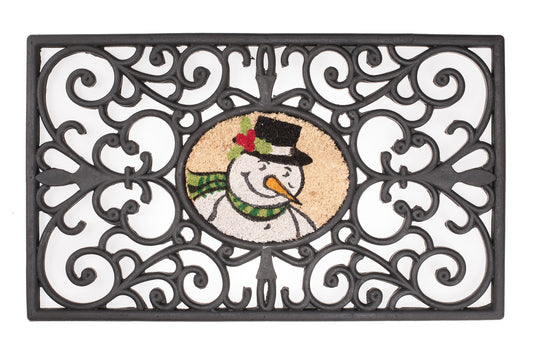 Decorative doormat with a snowman design in the center, surrounded by intricate patterns.