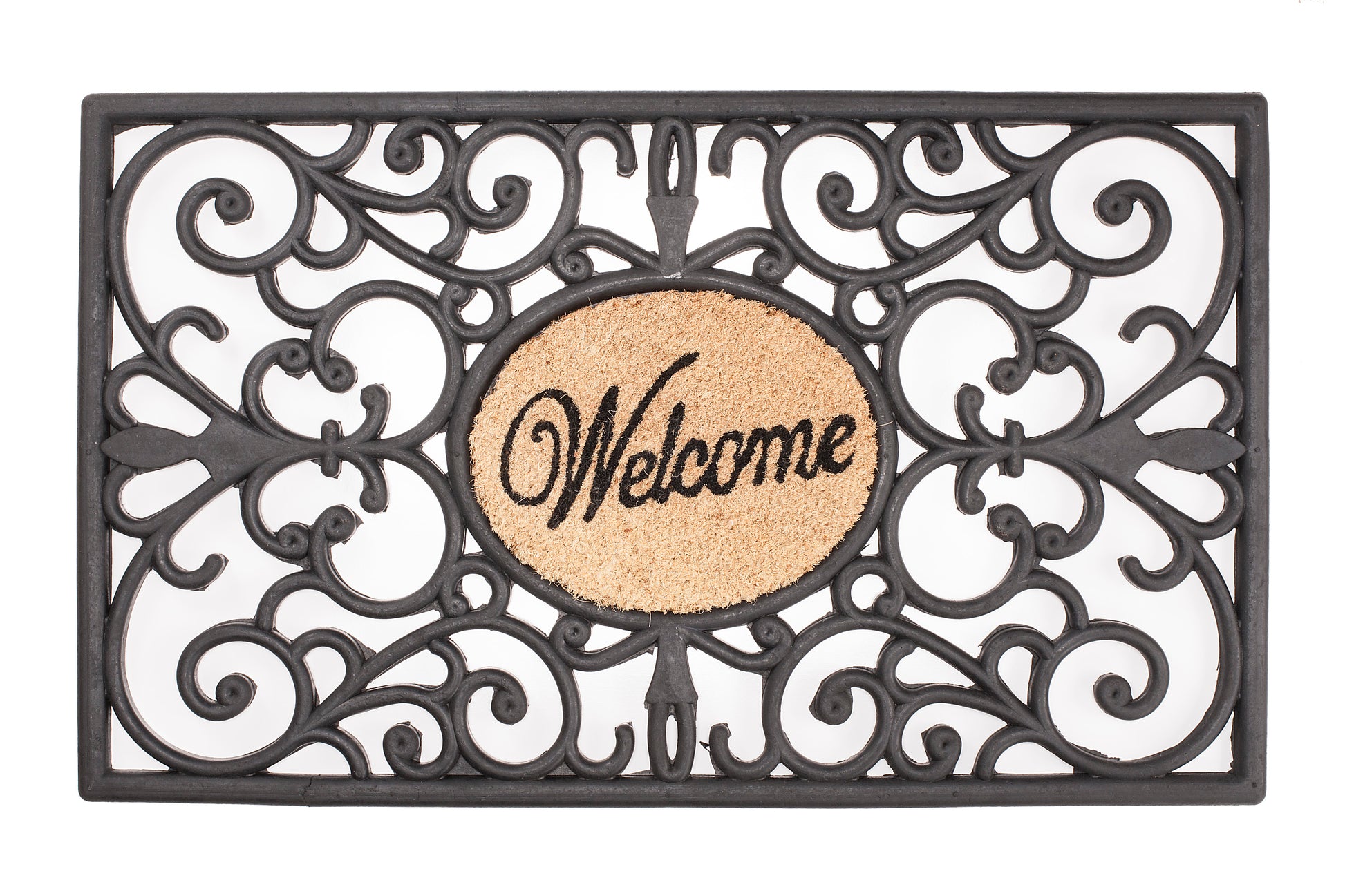 Decorative doormat with 'Welcome' text and intricate patterns