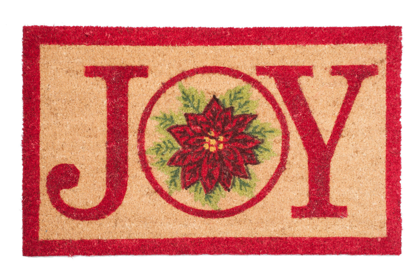Doormat with 'JOY' and poinsettia design on a beige background