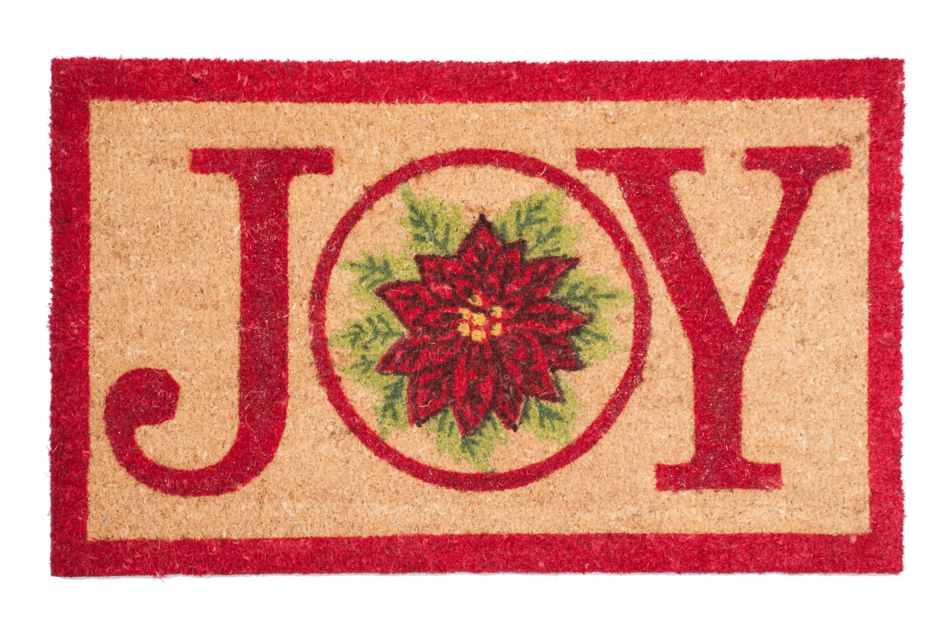 Doormat with 'JOY' and poinsettia design on a beige background