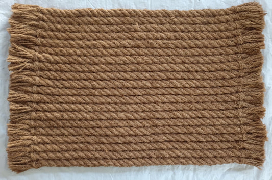 brown door mat with twisted rope pattern and fringed edges