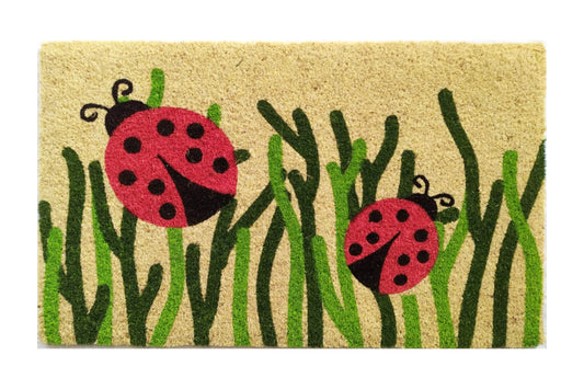Doormat with ladybug design on a beige background