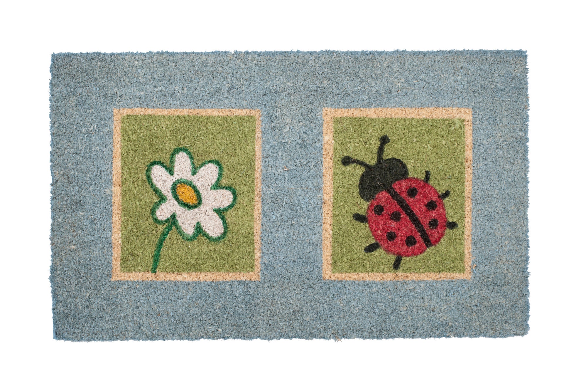 Doormat with a flower and ladybug design on a blue background