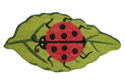 Doormat with a red ladybug design on a green leaf