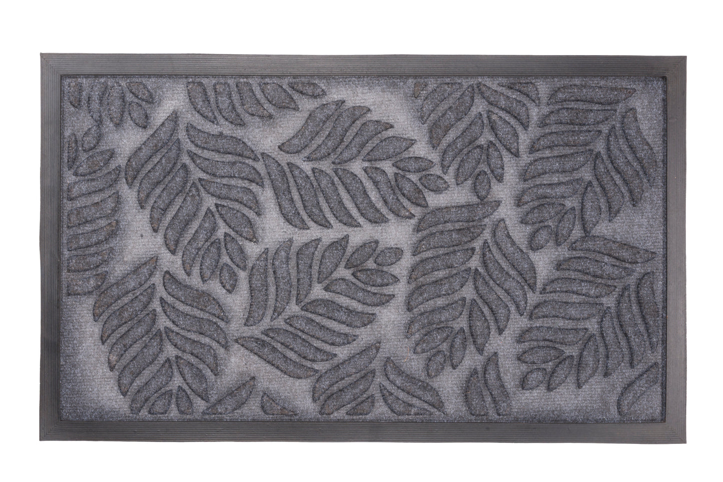 black rubber door mat with leaf cutout pattern design