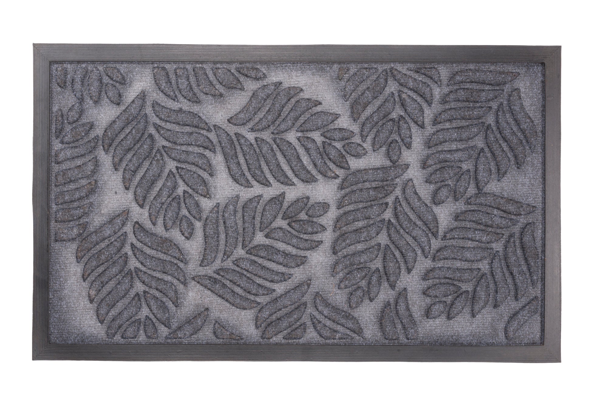 black rubber door mat with leaf cutout pattern design