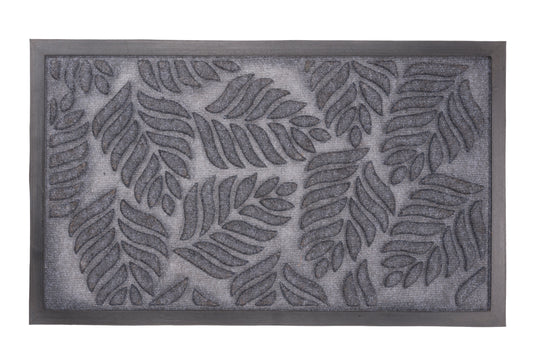 black rubber door mat with leaf cutout pattern design