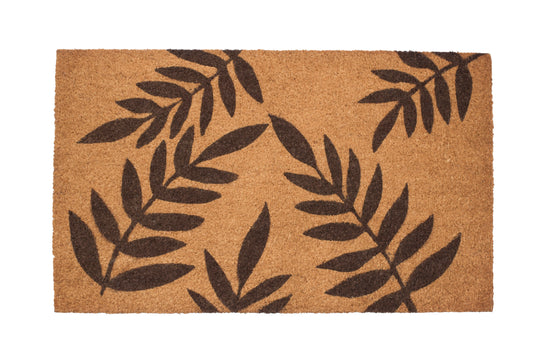 light brown doormat with brown leaf pattern on a white background