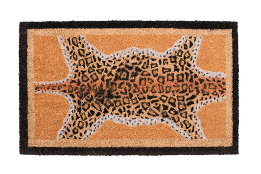 Doormat with leopard print design on a beige background