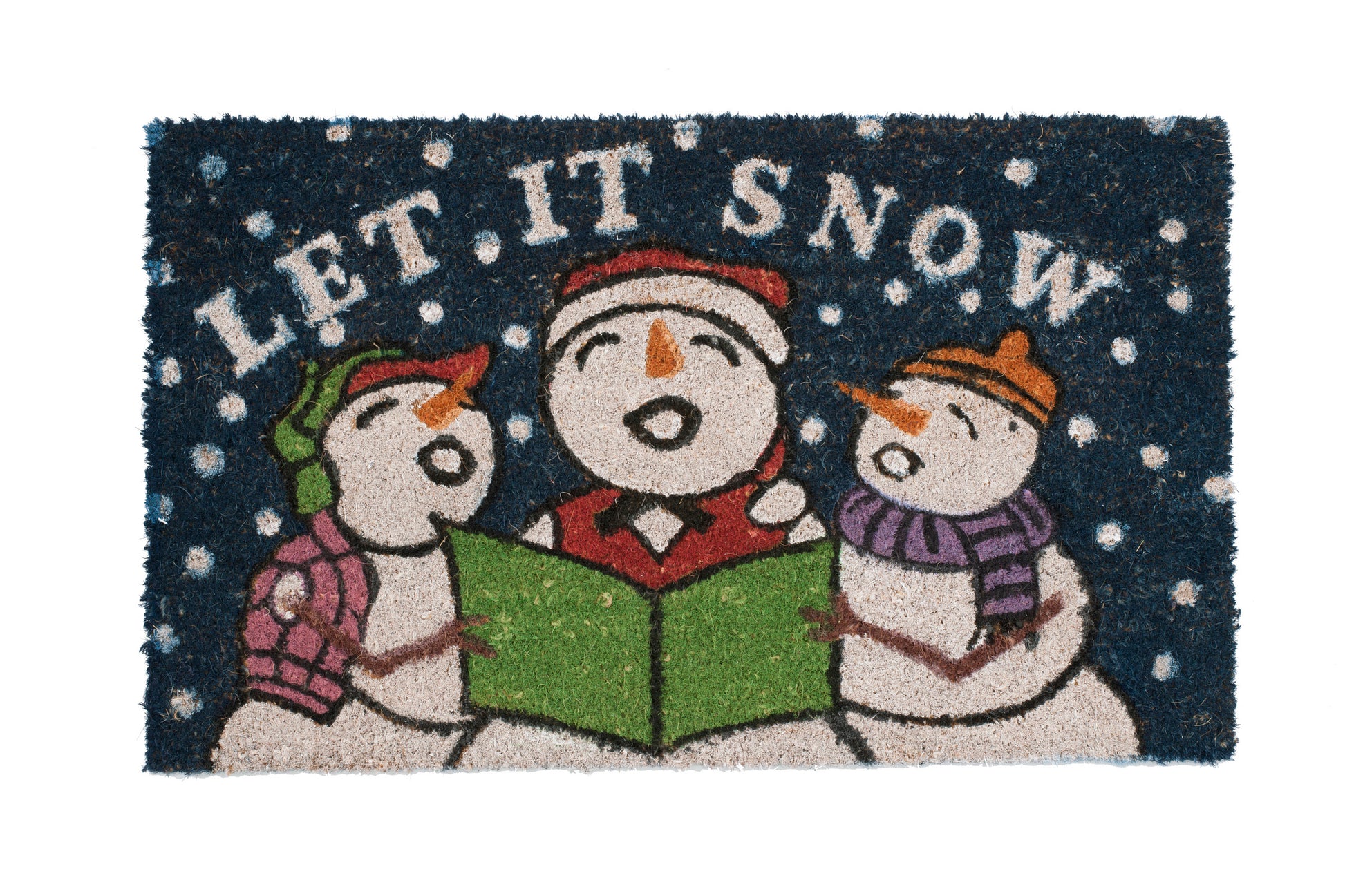 Doormat with snowmen singing 'Let It Snow' on a dark blue background