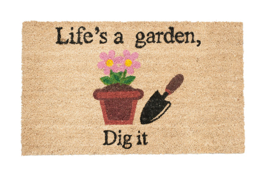 Doormat with gardening-themed design featuring a pot, flowers, and a shovel on a beige background. Text saying "Life's a garden, Dig it"