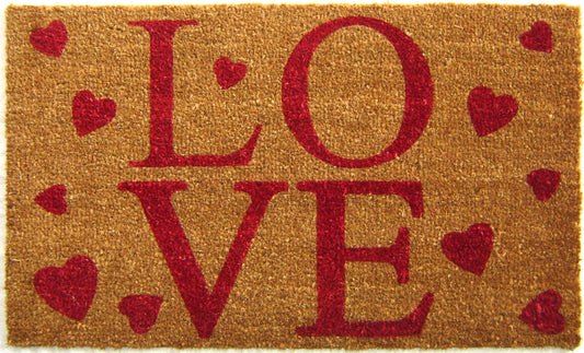 Doormat with 'LOVE' in red letters and heart shapes on a brown background