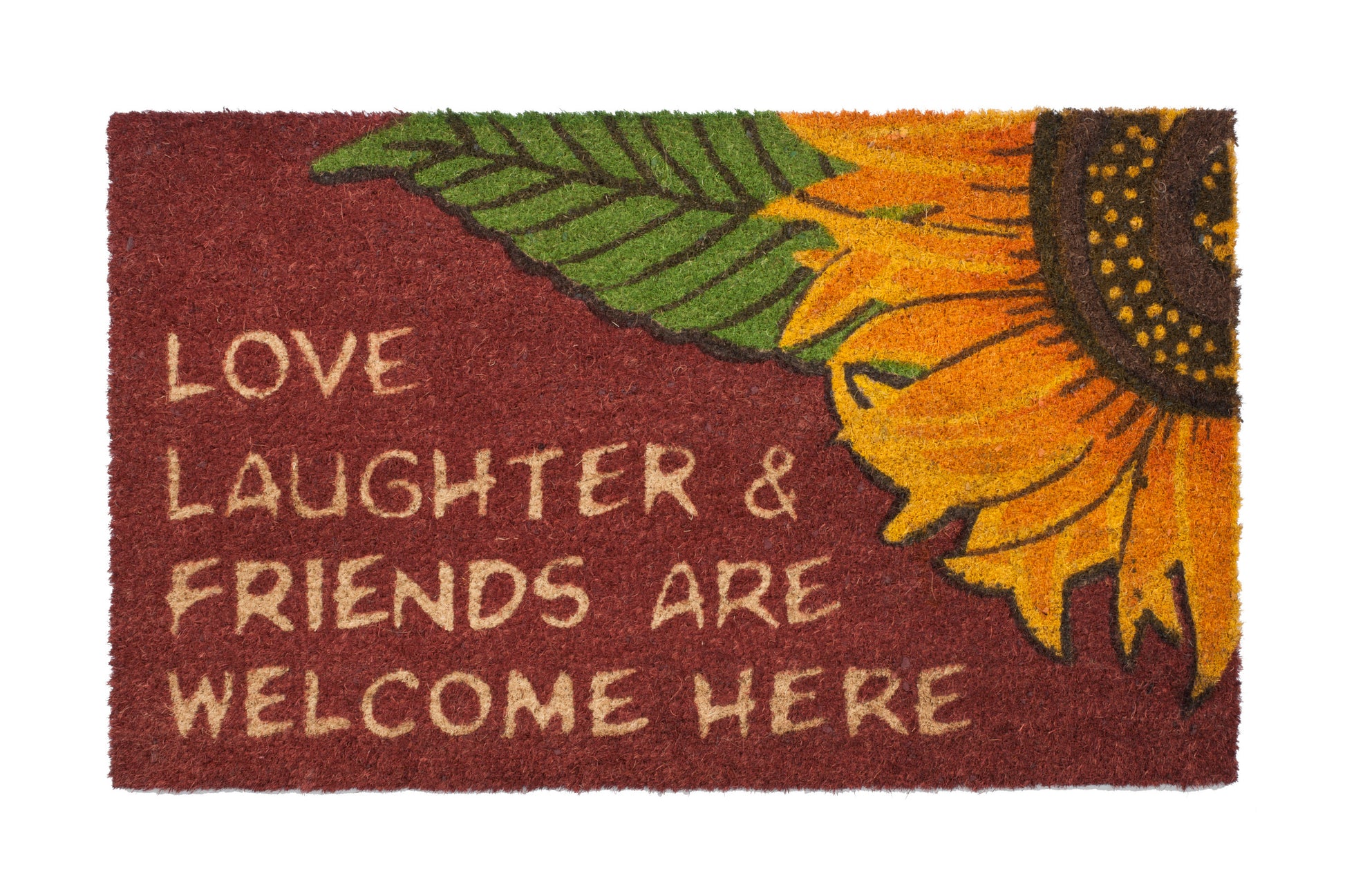 Doormat with sunflower design and text 'Love Laughter & Friends Are Welcome Here' on a white background