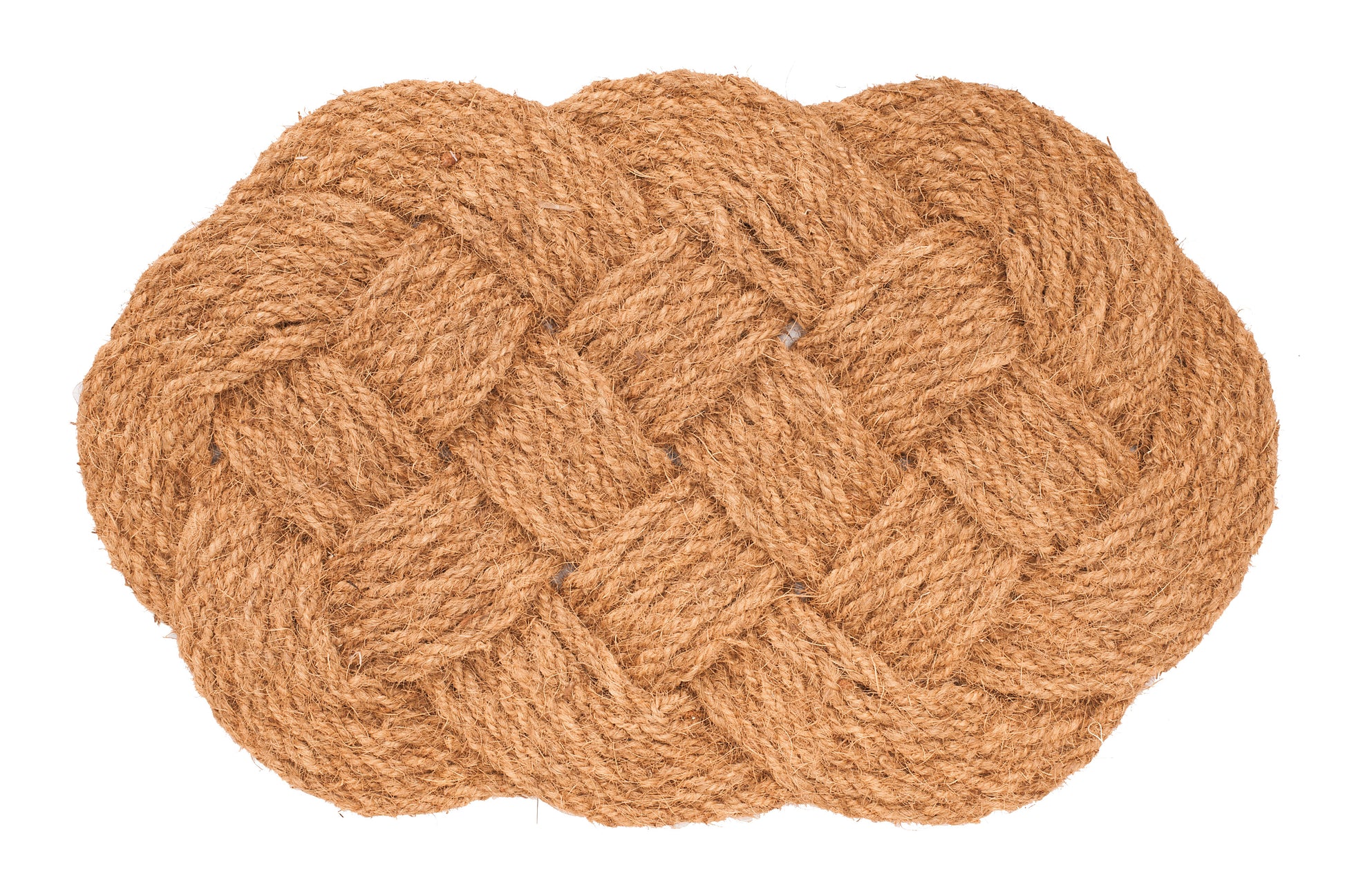 Woven brown lovers knot mat on a white background
