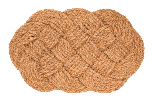 Woven brown lovers knot mat on a white background