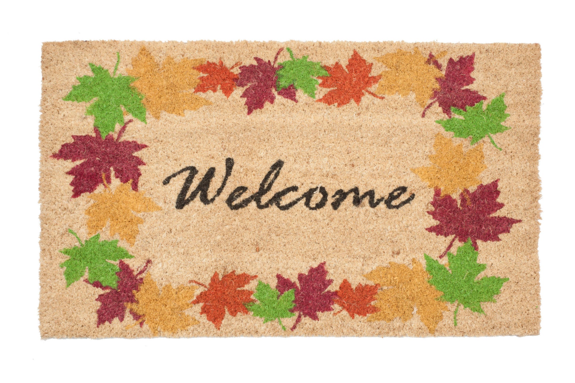 Doormat with autumn leaf design and 'Welcome' text on a beige background
