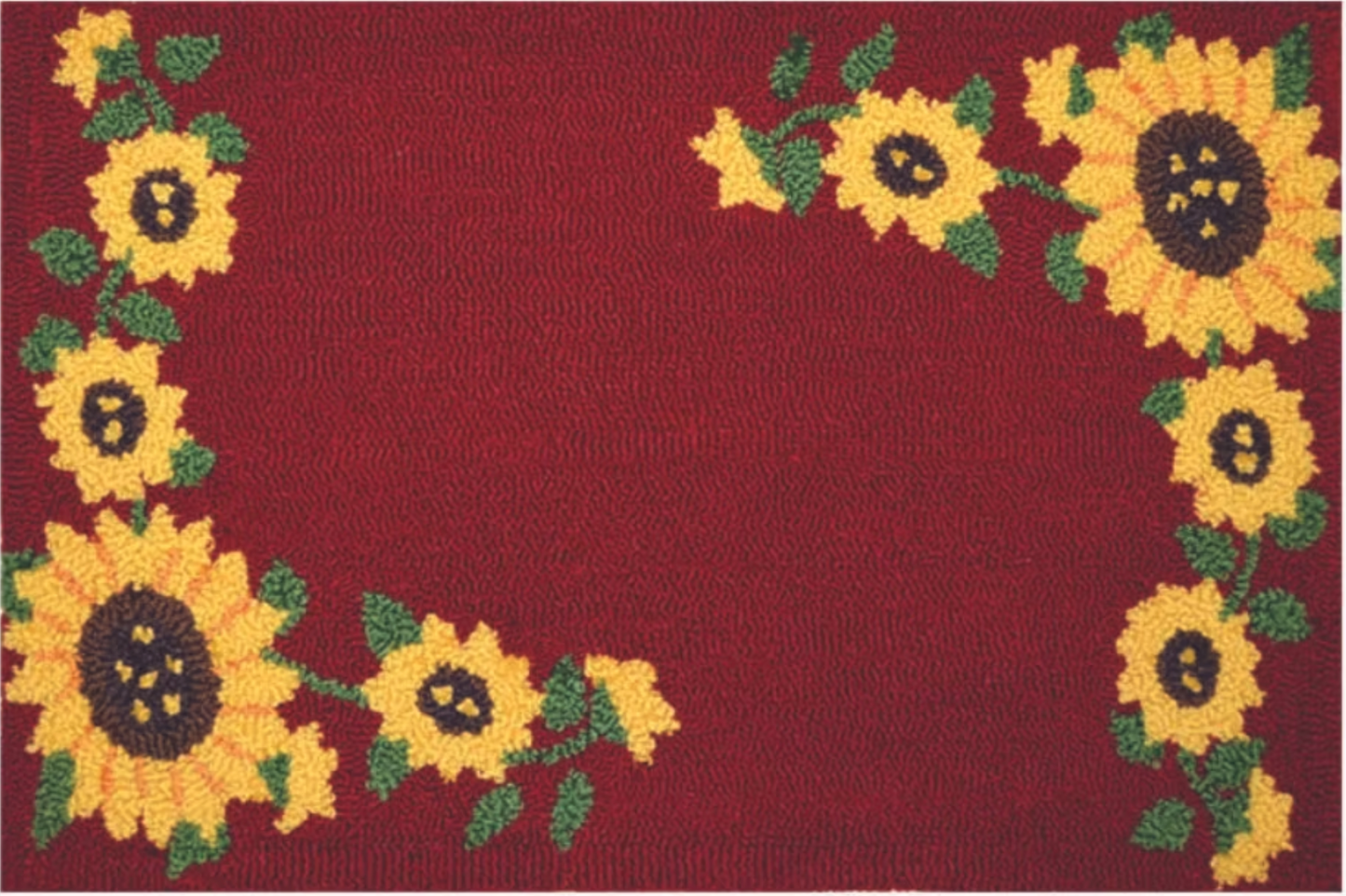 Decorative rug with sunflower pattern on a red background