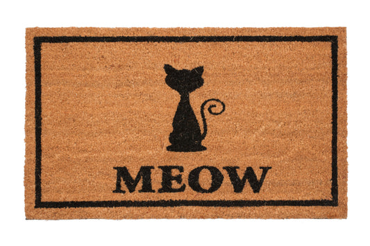 Doormat with black cat silhouette and 'MEOW' text on a beige background