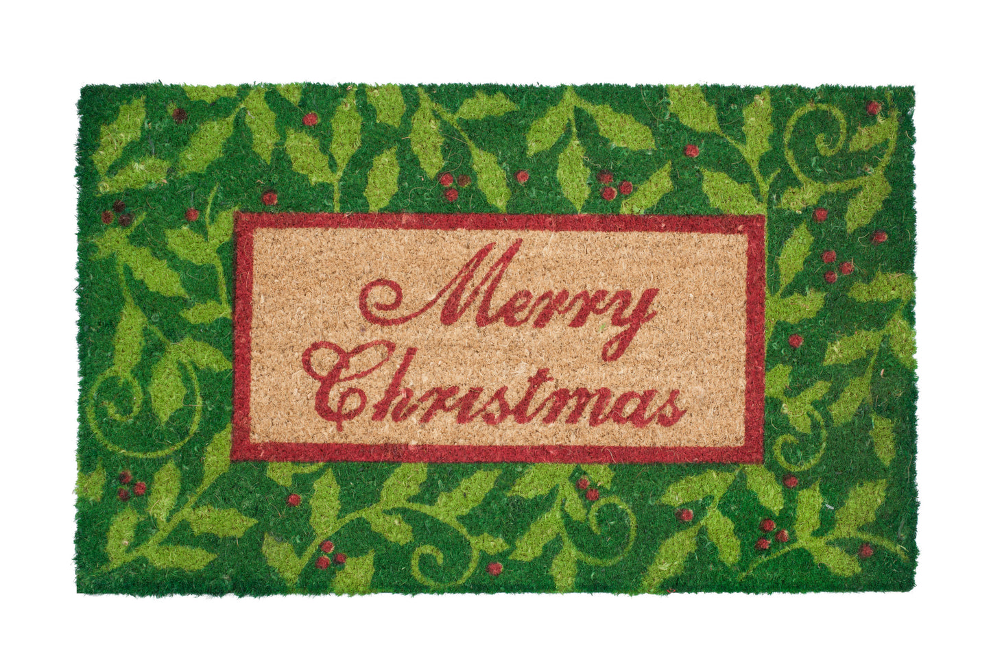 Green doormat with 'Merry Christmas' text and leaf pattern