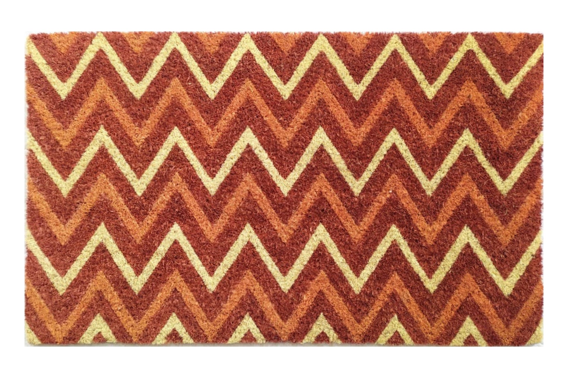 Doormat with zigzag pattern in red, orange, and beige on a white background