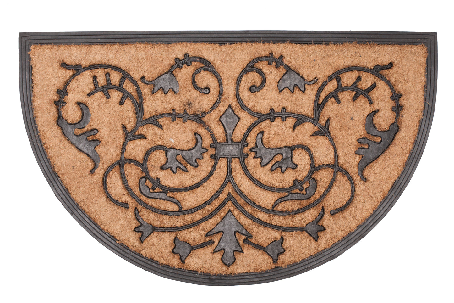 Decorative doormat with intricate black pattern on a brown background