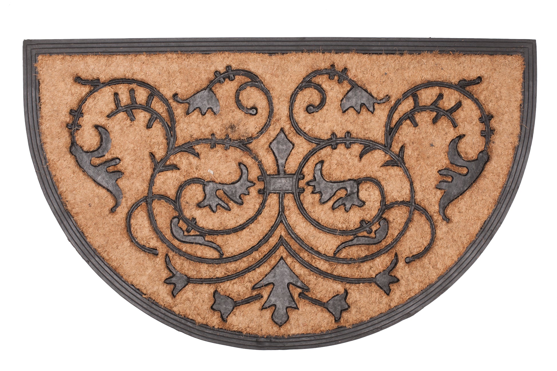 Decorative doormat with intricate black pattern on a brown background