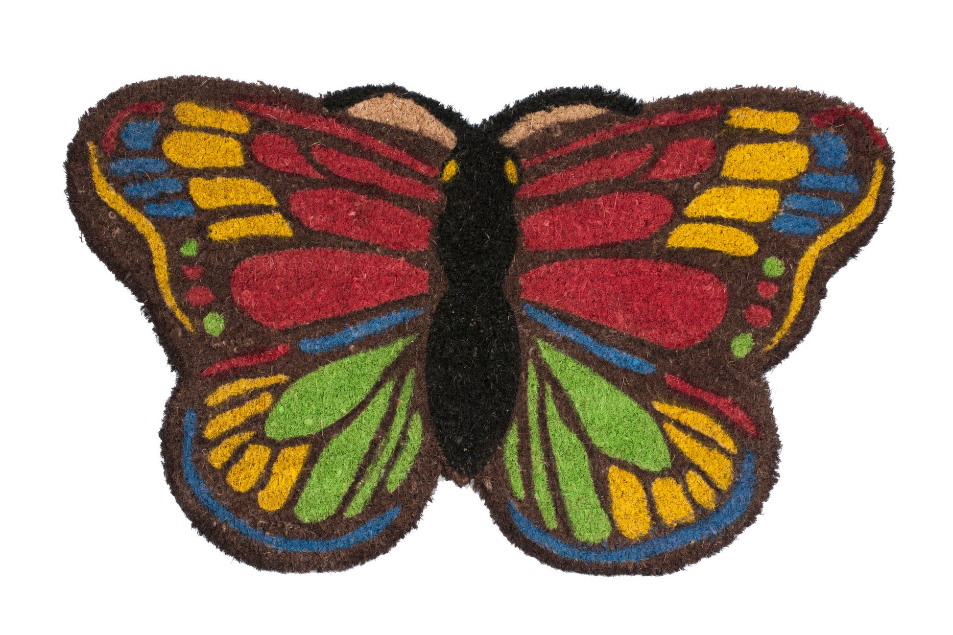 Colorful butterfly-shaped doormat on a white background
