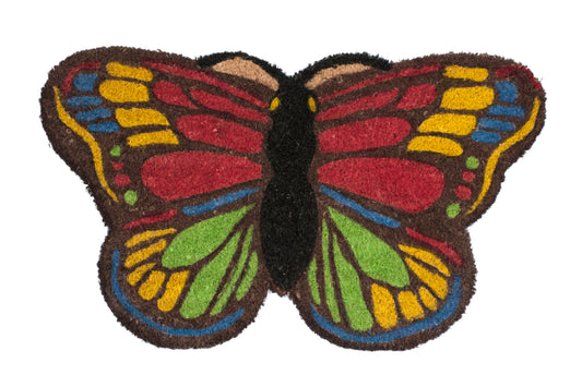 Colorful butterfly-shaped doormat on a white background