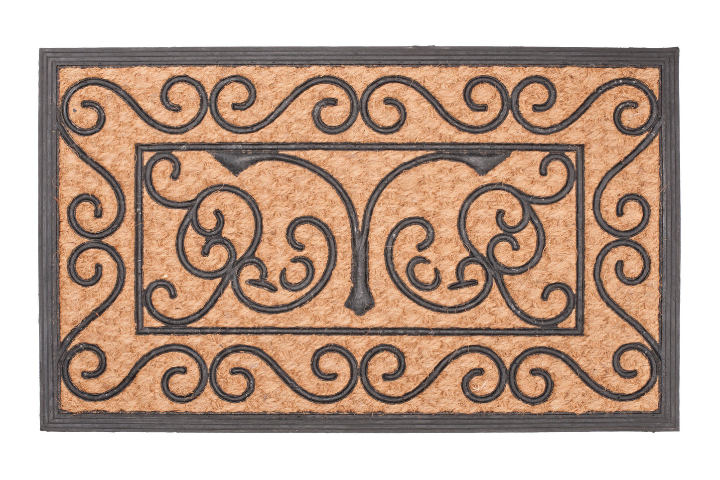 Decorative doormat with intricate black patterns on a beige background
