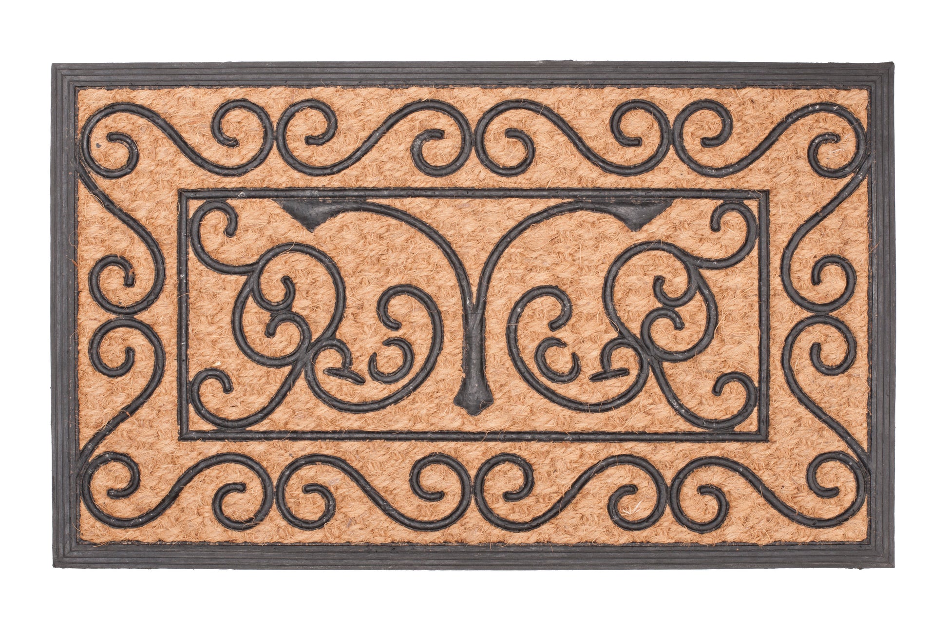 Decorative doormat with intricate black patterns on a beige background