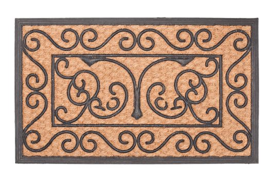 Decorative doormat with intricate black patterns on a beige background