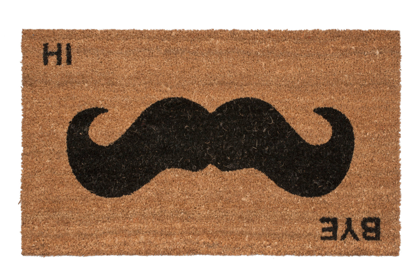 Doormat with a black mustache design and 'HI' and 'BYE' text on a brown background