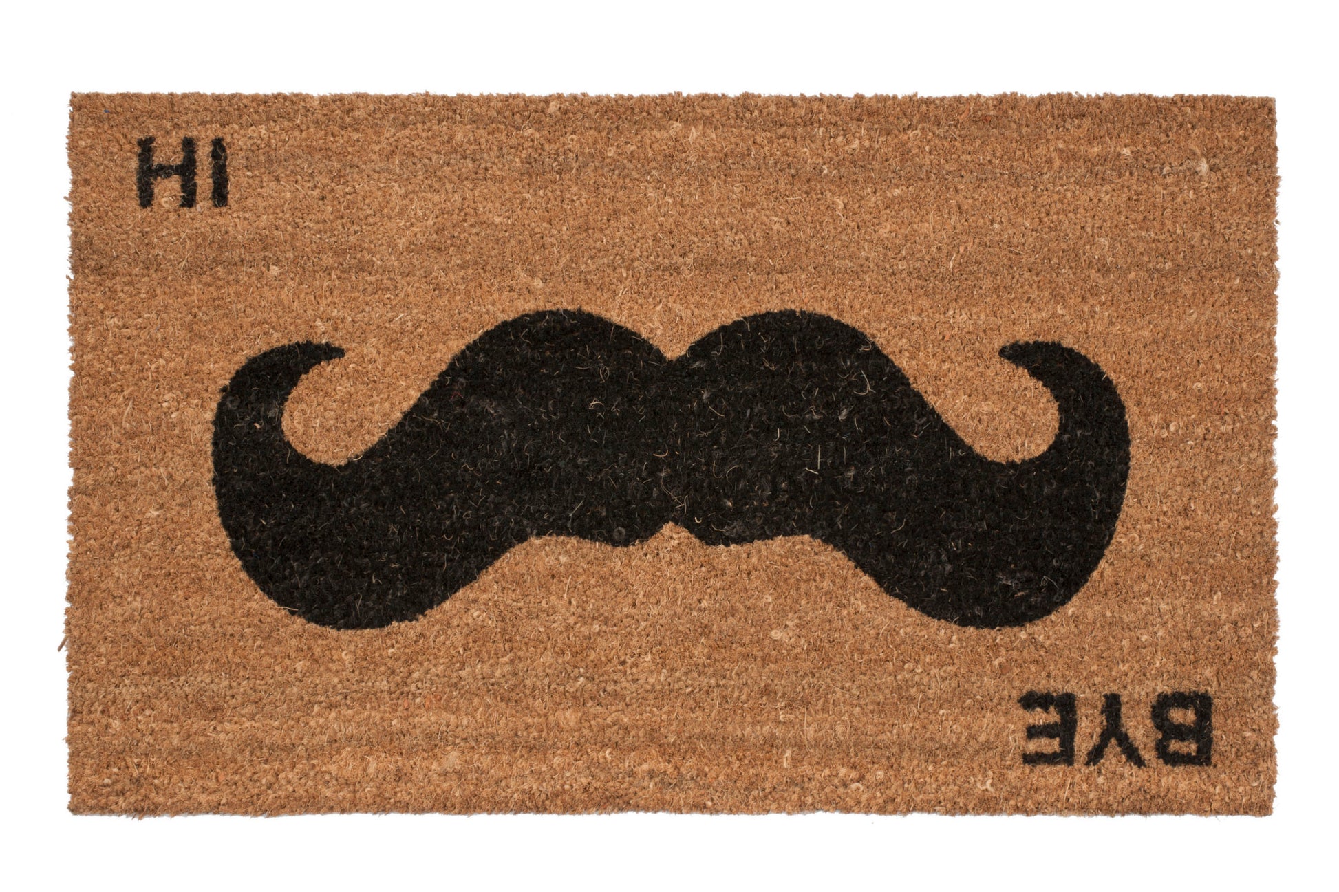Doormat with a black mustache design and 'HI' and 'BYE' text on a brown background