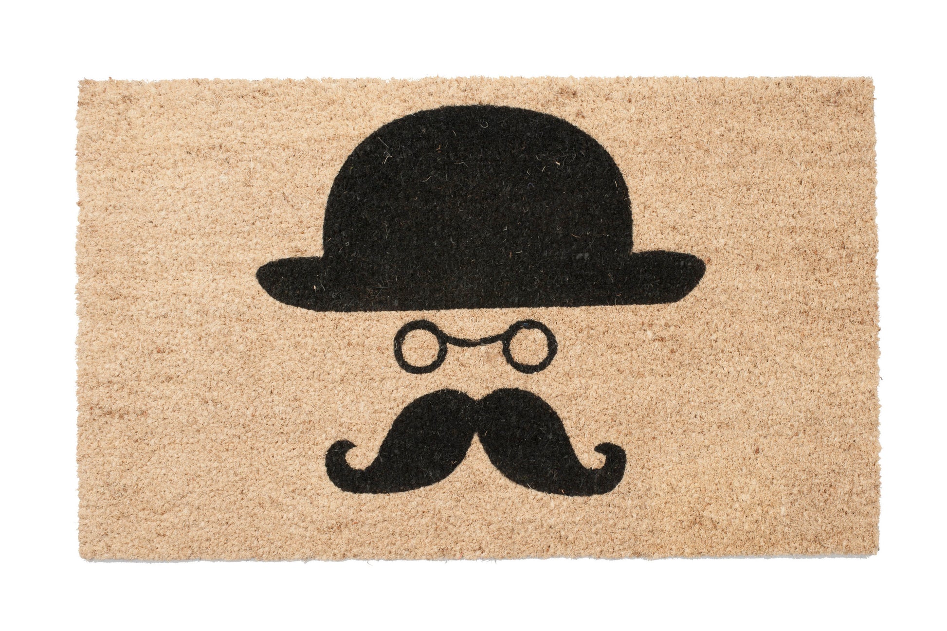 Doormat with a black bowler hat and mustache design on a beige background