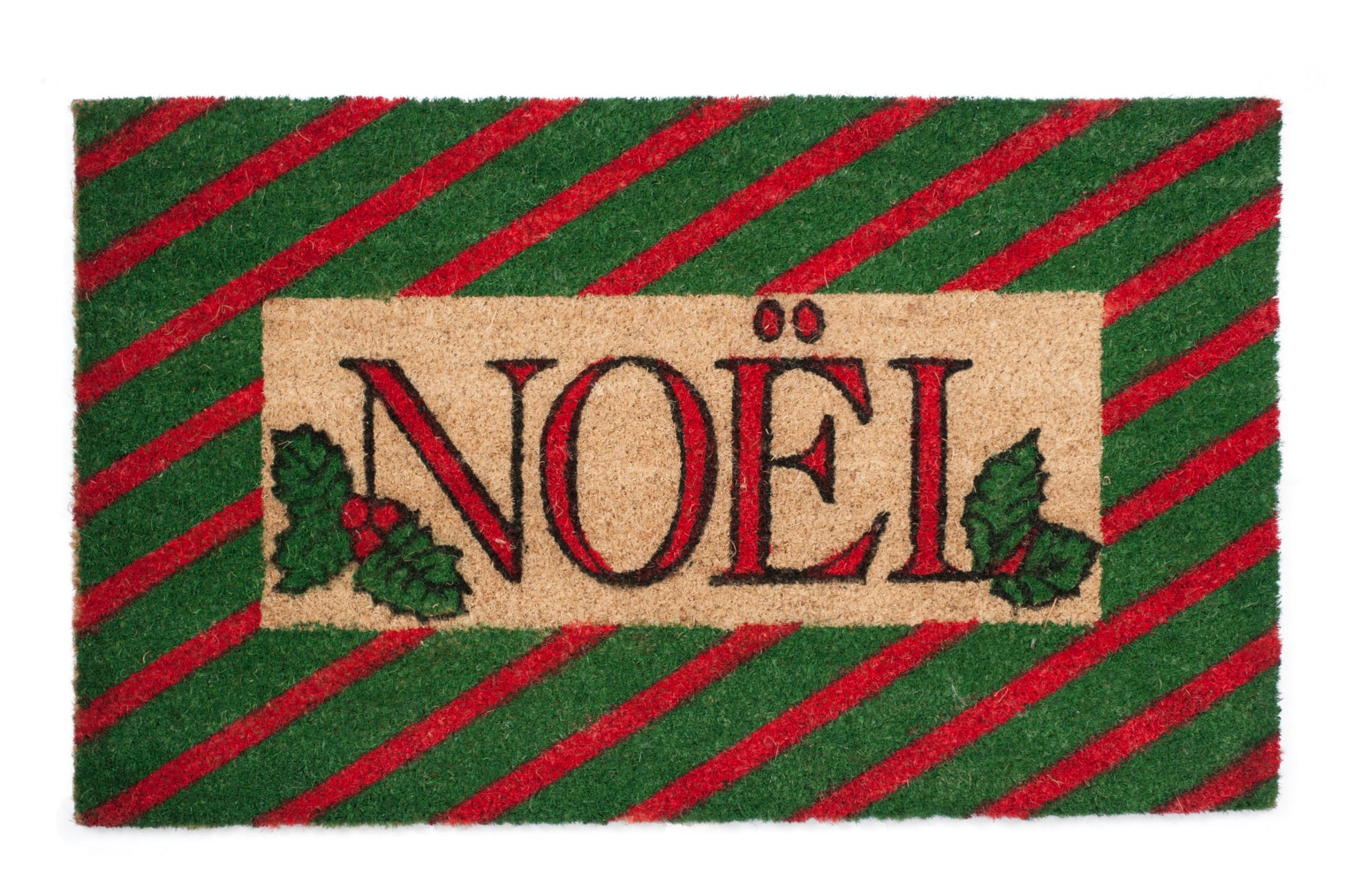 Christmas doormat with 'NOËL' text and holly leaves on a green and red striped background
