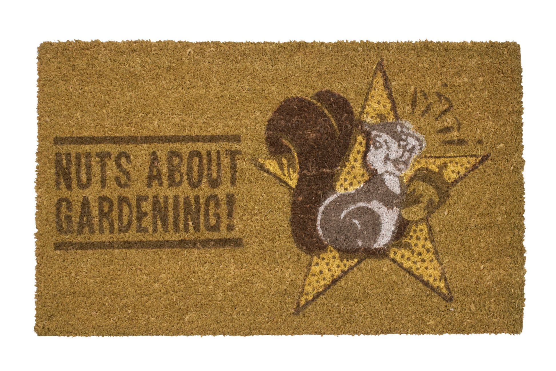 Doormat with a squirrel design and 'Nuts About Gardening!' text 
