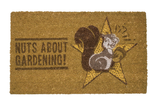 Doormat with a squirrel design and 'Nuts About Gardening!' text 