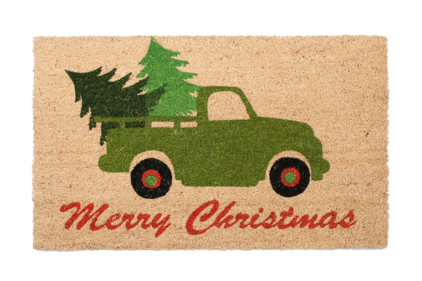 Doormat with a green truck carrying a Christmas tree and 'Merry Christmas' text on a beige background