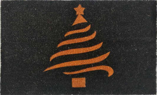 Black doormat with an orange Christmas tree design on a dark background