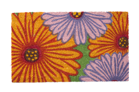 brown coir door mat with orange and purple flower design