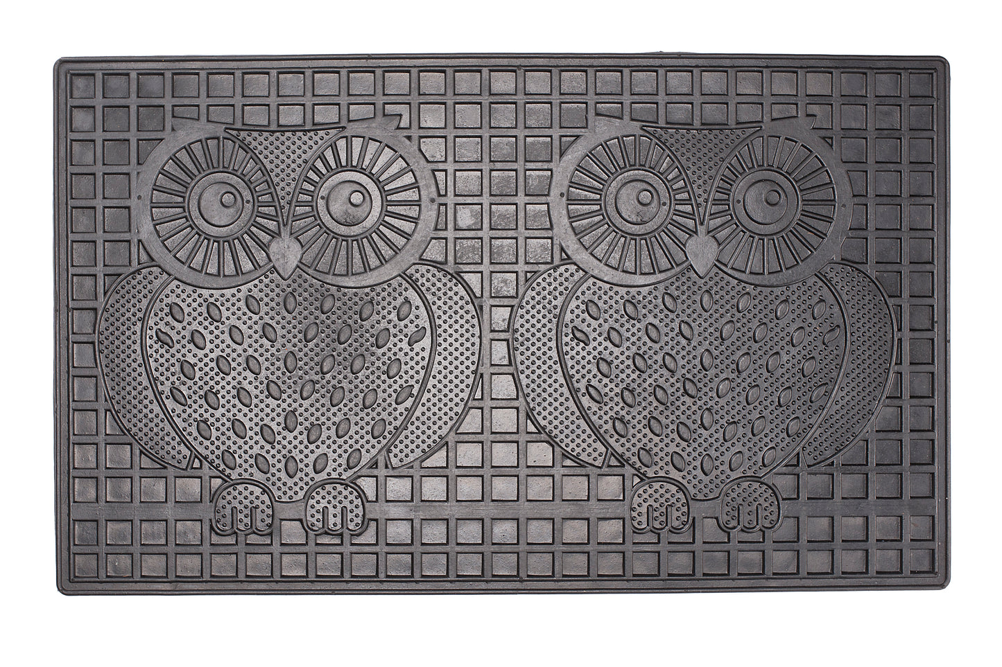 Decorative doormat with two owl design on a textured surface