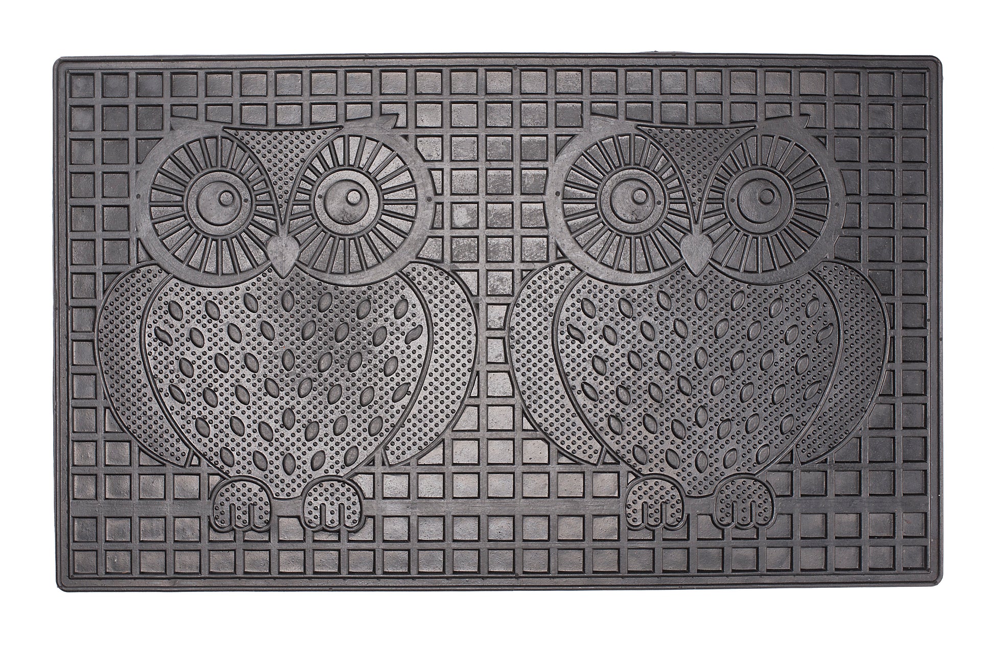 Decorative doormat with two owl design on a textured surface