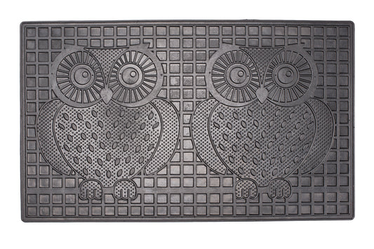 Decorative doormat with two owl design on a textured surface