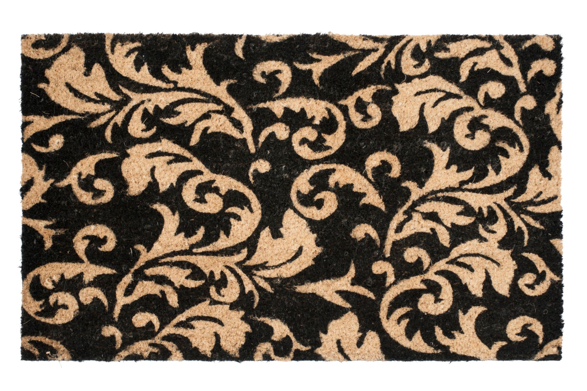 black door mat with decorative white paisley scroll pattern