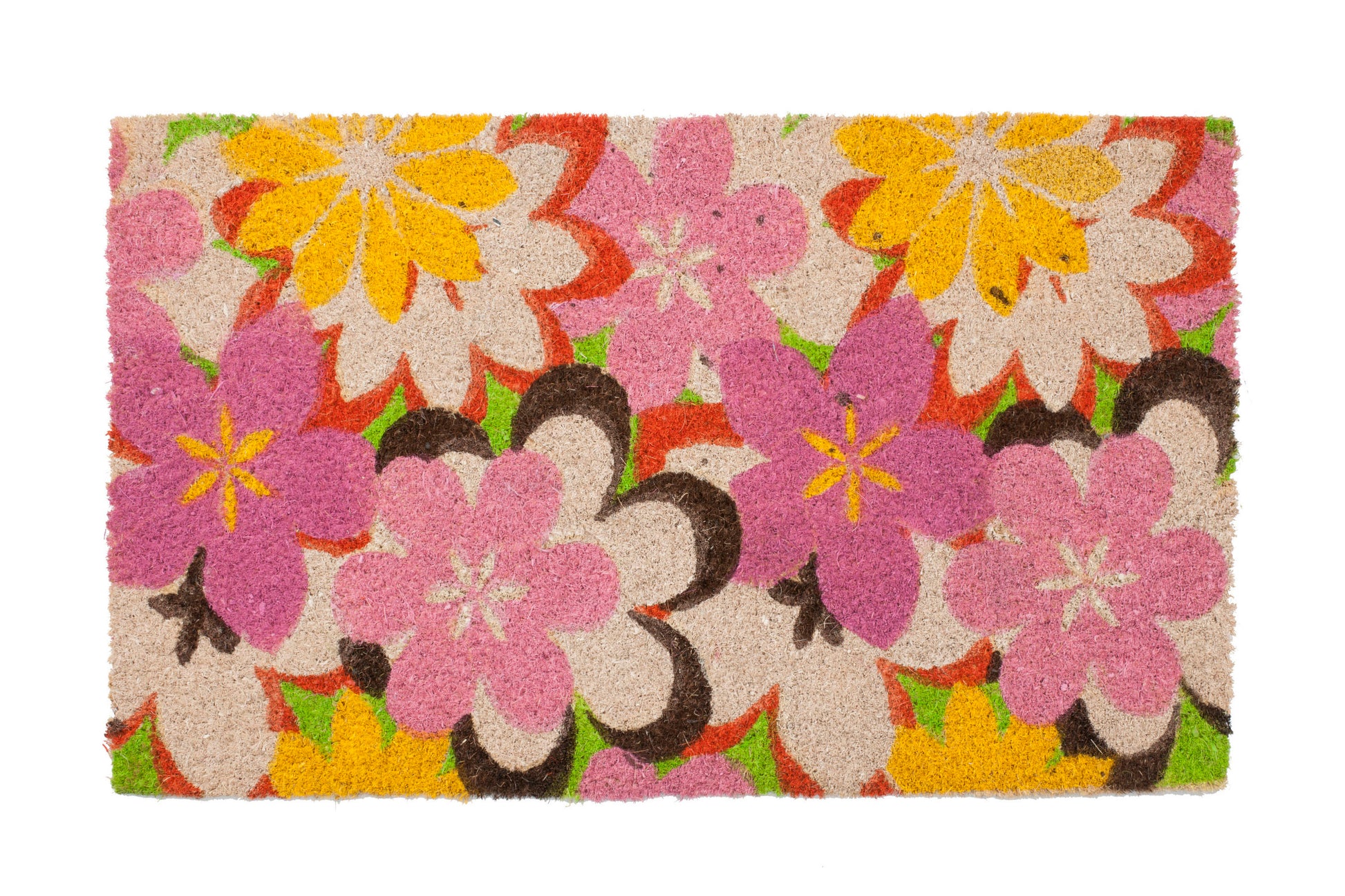 brown coir door mat with pink flower floral design